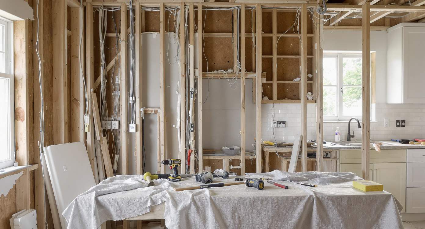 A modern kitchen mid-demolition with exposed studs, safe visible wiring, tools on a dust sheet, and no people, lit by natural daylight.