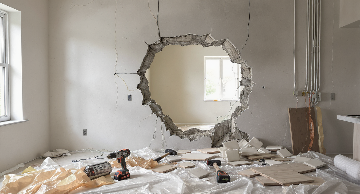 A realistic, partially demolished kitchen with exposed wires, scattered tools on a tarp-covered floor, broken tiles, and an open power panel.