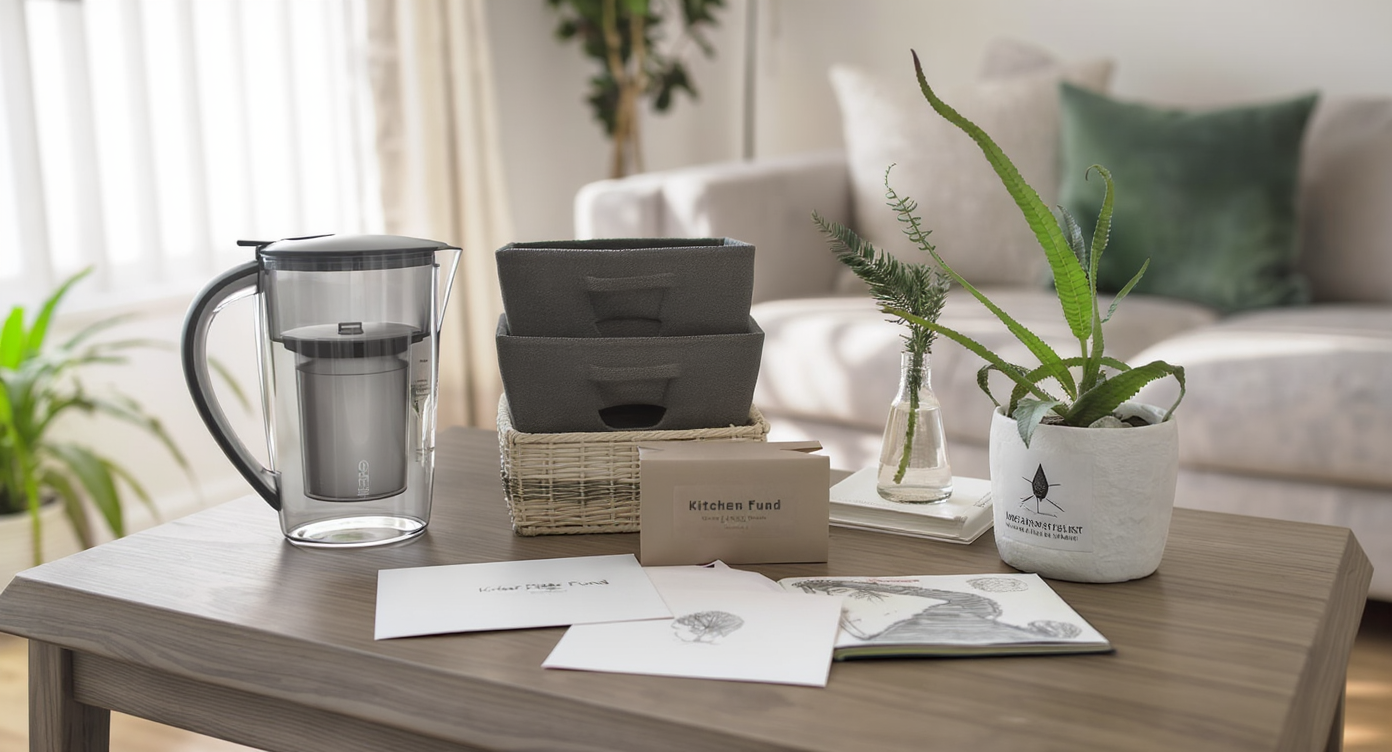 A realistic living room with household gift items like a water filter, storage baskets, holiday décor, and cards for home improvement funds.