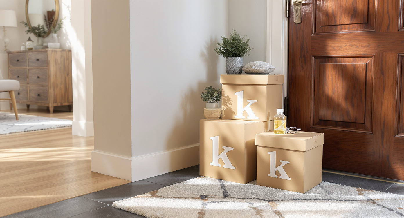 Newly moved-in modern home corner with moving boxes, gift packages, home improvement tools, and remodeling plans, no people present.