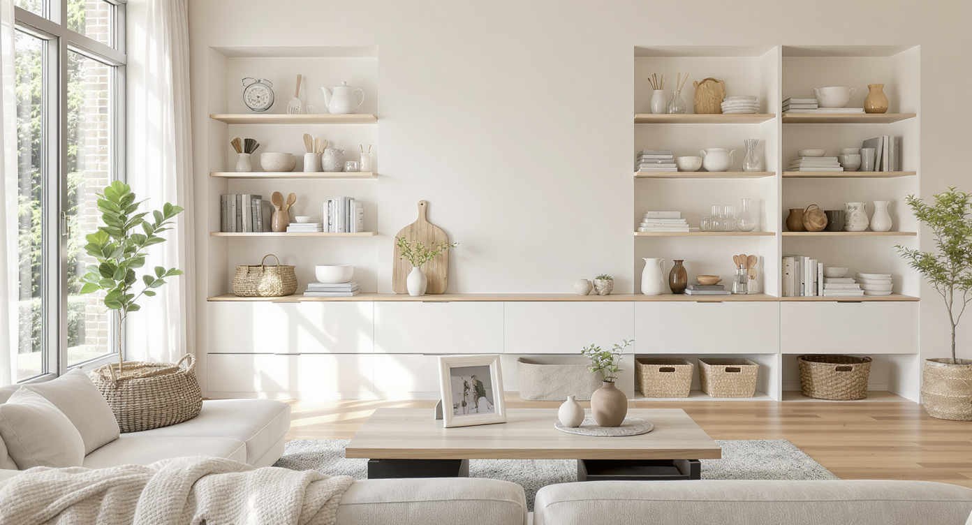 A modern living room in a new home with practical gifts, built-in shelves, storage baskets, and minimalist decor arranged to avoid clutter.