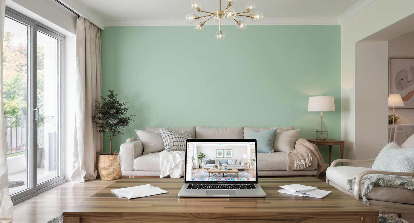 A living room shows a new accent wall and light fixture, with a laptop displaying a room transformation and a used gift card nearby.