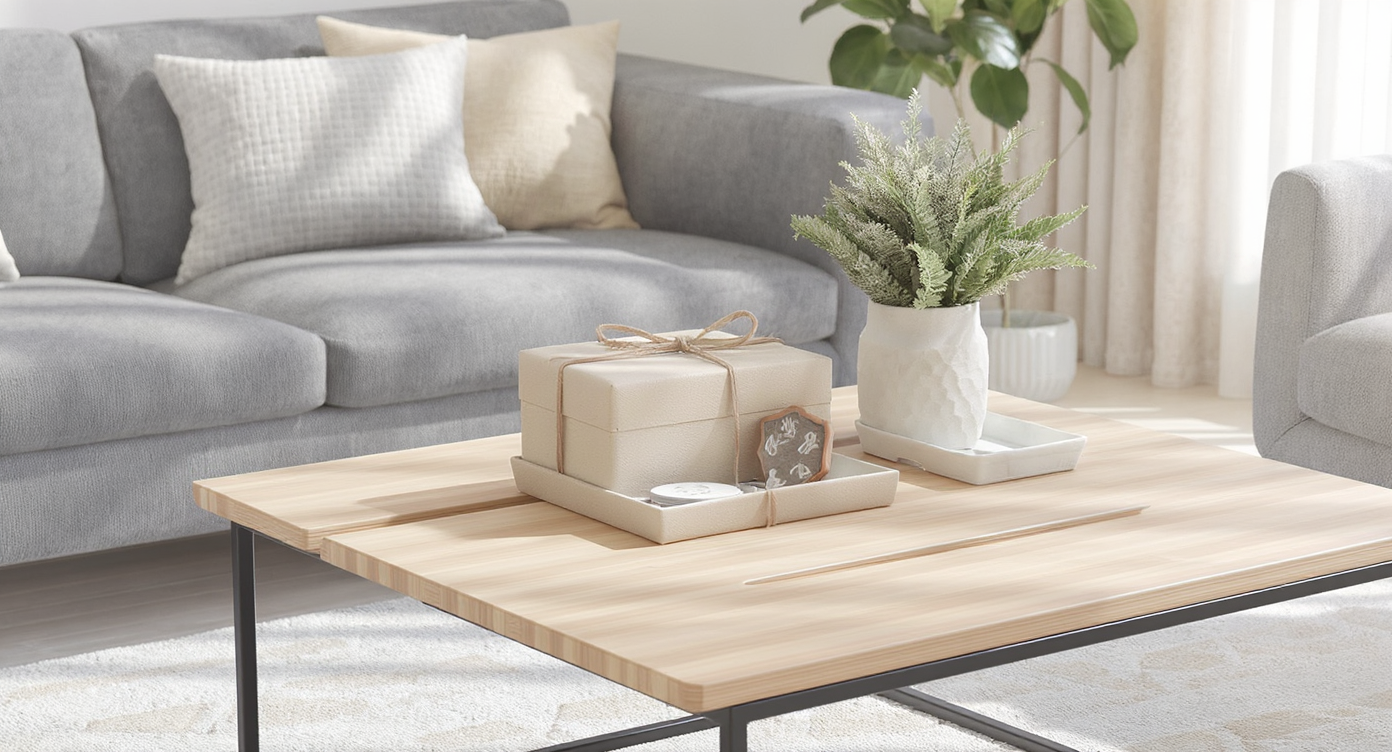 Modern living room with a functional coffee table showcasing a sentimental keepsake alongside practical minimalist decor in a clutter-free space.