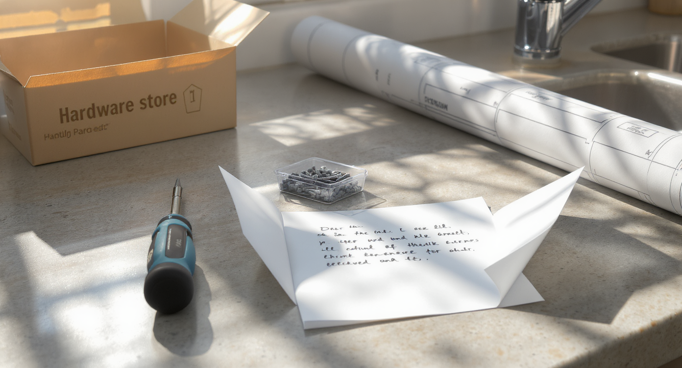 A gift card and handwritten note beside DIY tools and renovation supplies on a sunlit kitchen counter, reflecting thoughtful, practical gifting.