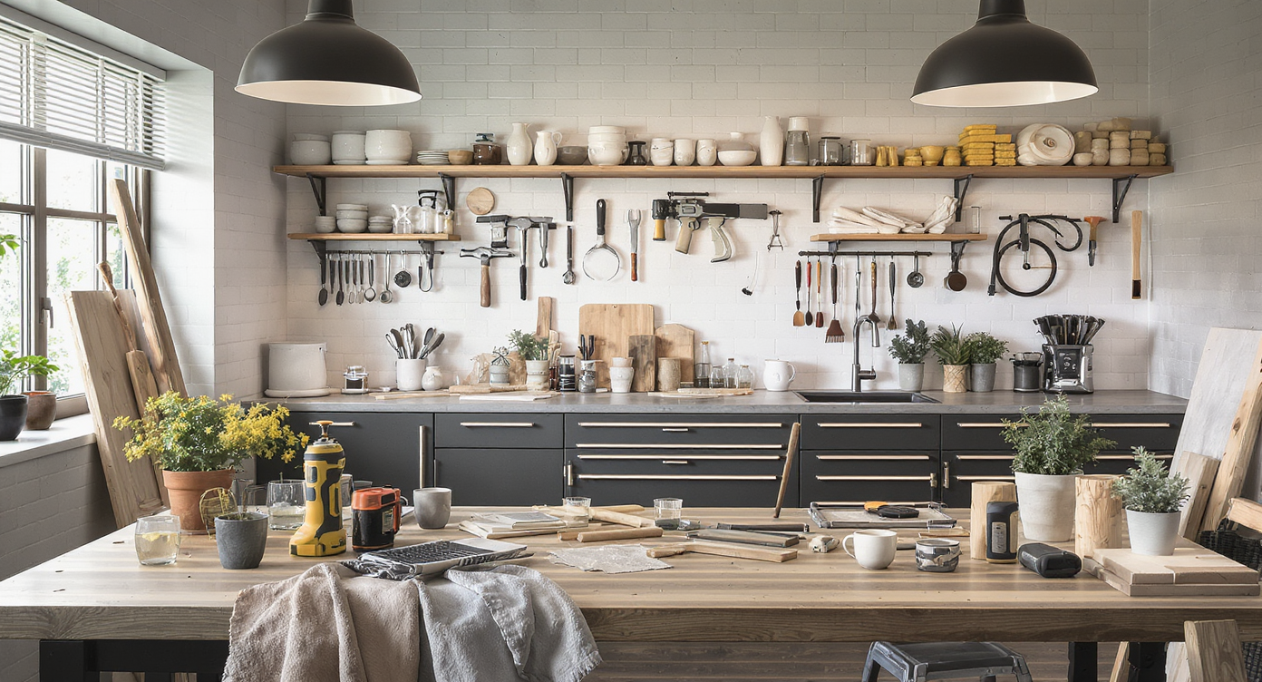 Stack of home improvement gift cards, paint swatches, tools, and supplies on a wooden table in a bright, organized home workspace.