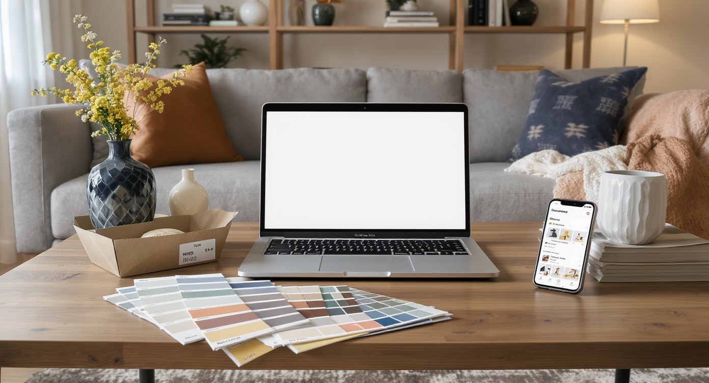 A realistic coffee table displays a laptop with an online wish list, decor samples, a smartphone, and home improvement materials in a cozy living room.
