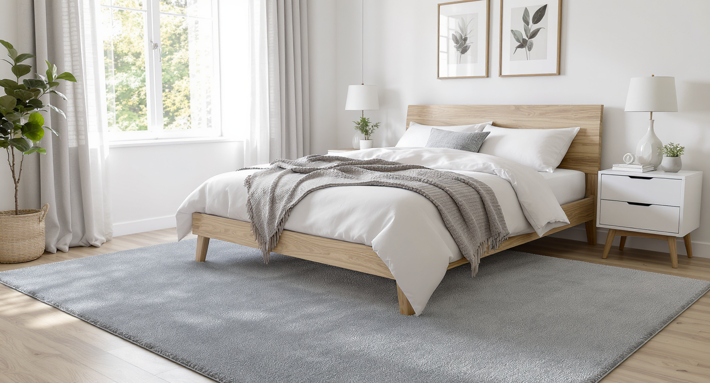 Photorealistic modern bedroom with fresh light-gray carpet, open window for ventilation, minimal decor, and natural sunlight highlighting healthy surfaces.