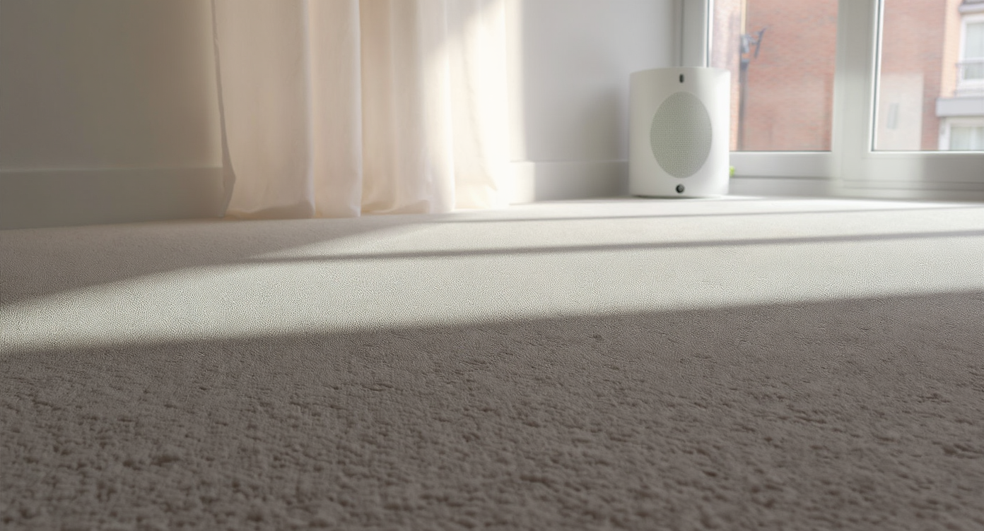 Freshly installed bedroom carpet in a bright room with open windows and an air purifier, capturing the off-gassing and ventilation process.
