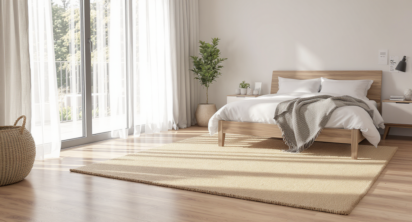 Sunlit modern bedroom with hardwood floor and natural-fiber rug, open windows for airflow, flooring samples, and neat furnishings, no people.