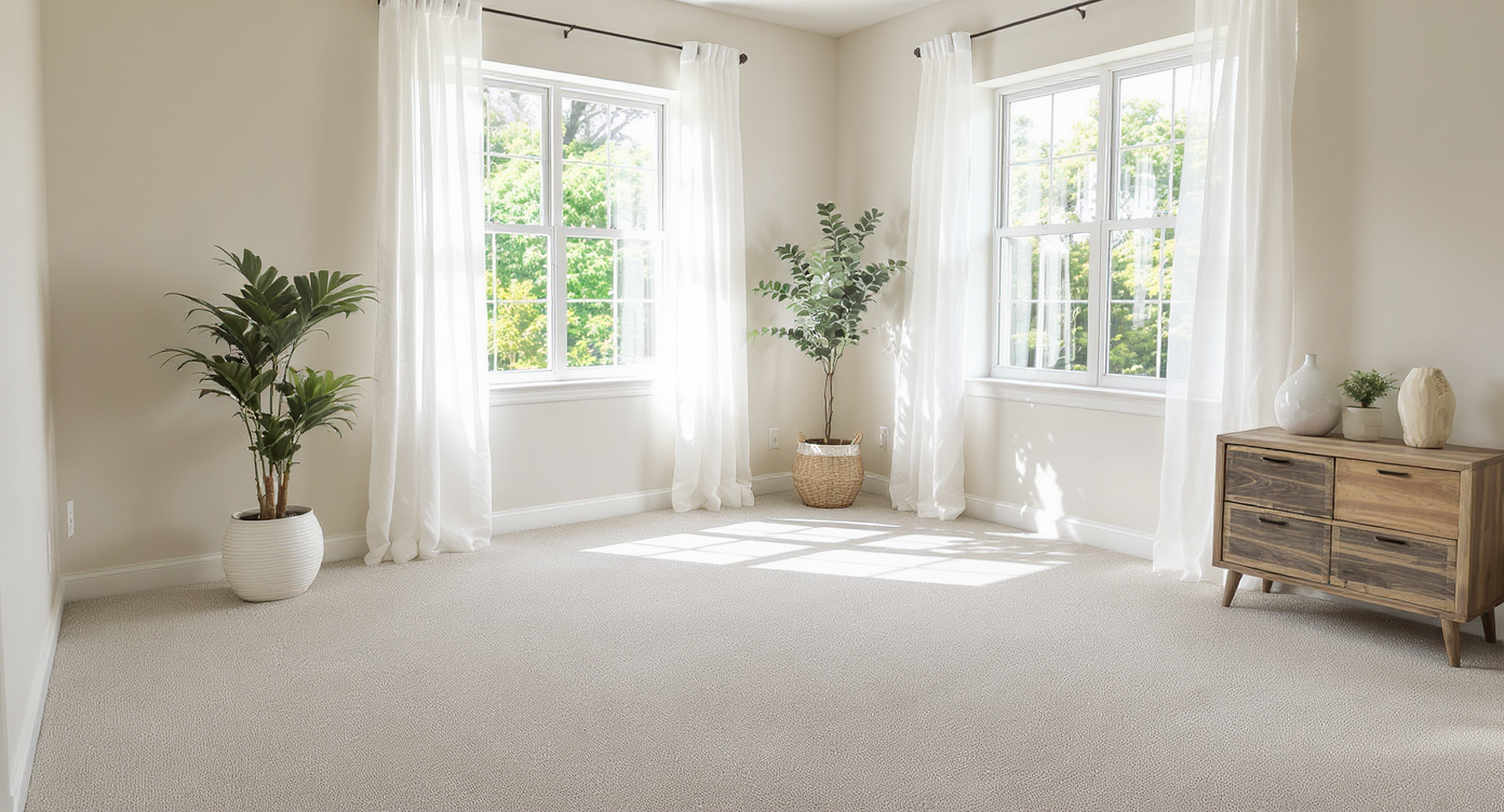 Bedroom with new carpet, windows open for ventilation, a modular rug, HEPA vacuum cleaner, and toys outside the doorway for safety.