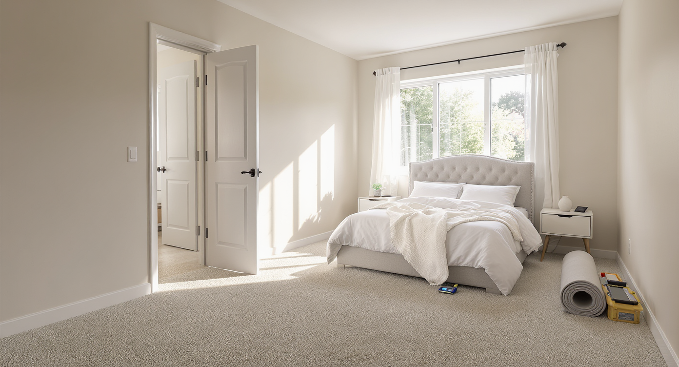 A sunlit, modern bedroom with a new carpet, untouched bed, air quality monitor by the window, and carpet tools in the corner—no people visible.
