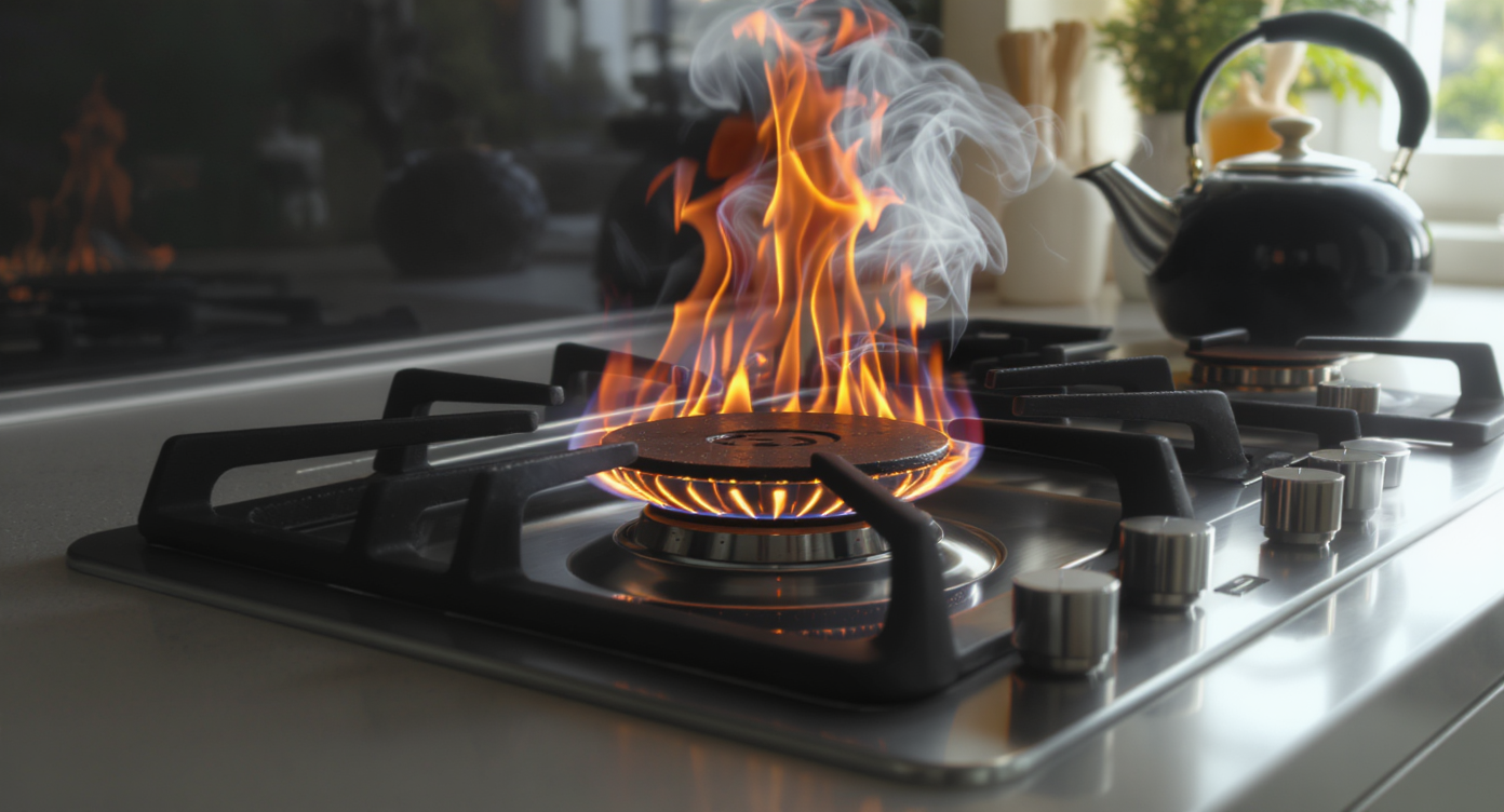 Close-up of a modern gas stove burner in a kitchen, clearly showing an unusual orange flame instead of blue, with realistic lighting.