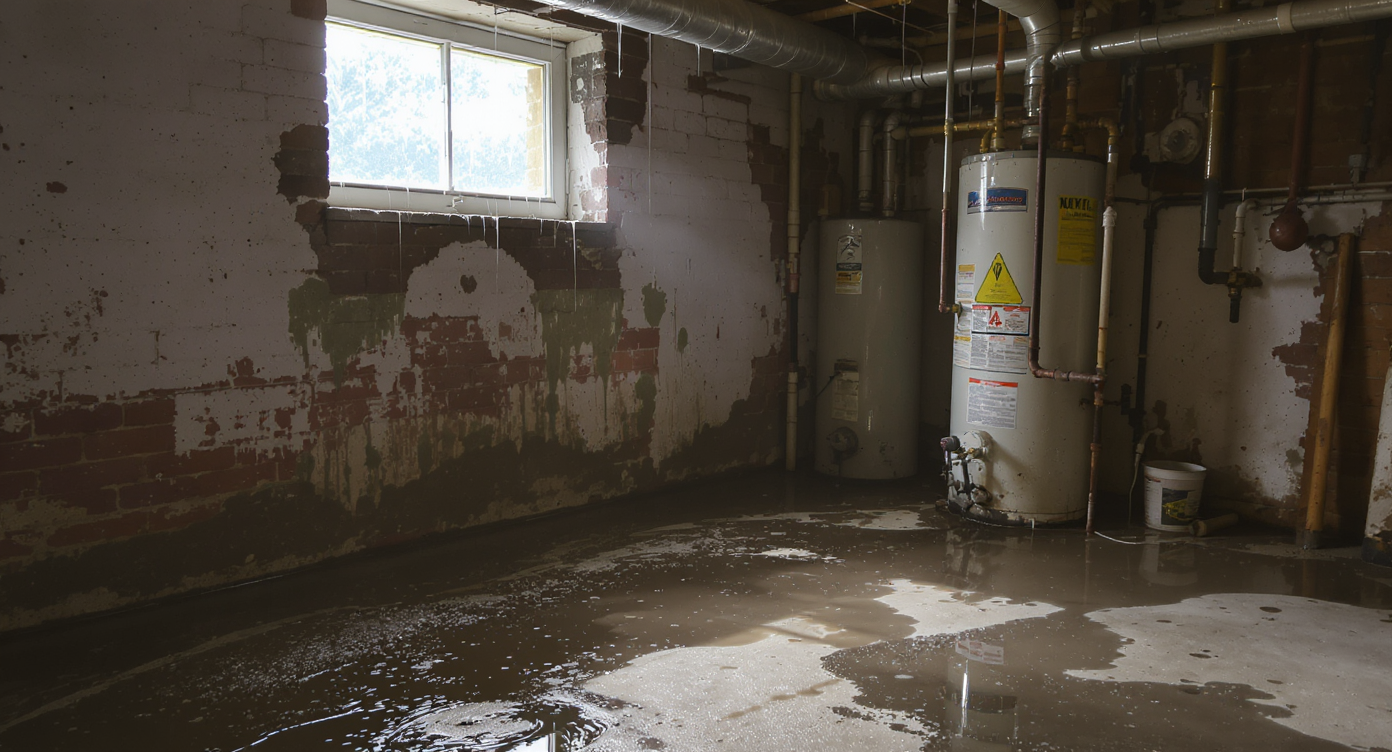 A damp basement corner with puddles, water-stained concrete, mold on brick walls, and a gas water heater near visible moisture affected areas.