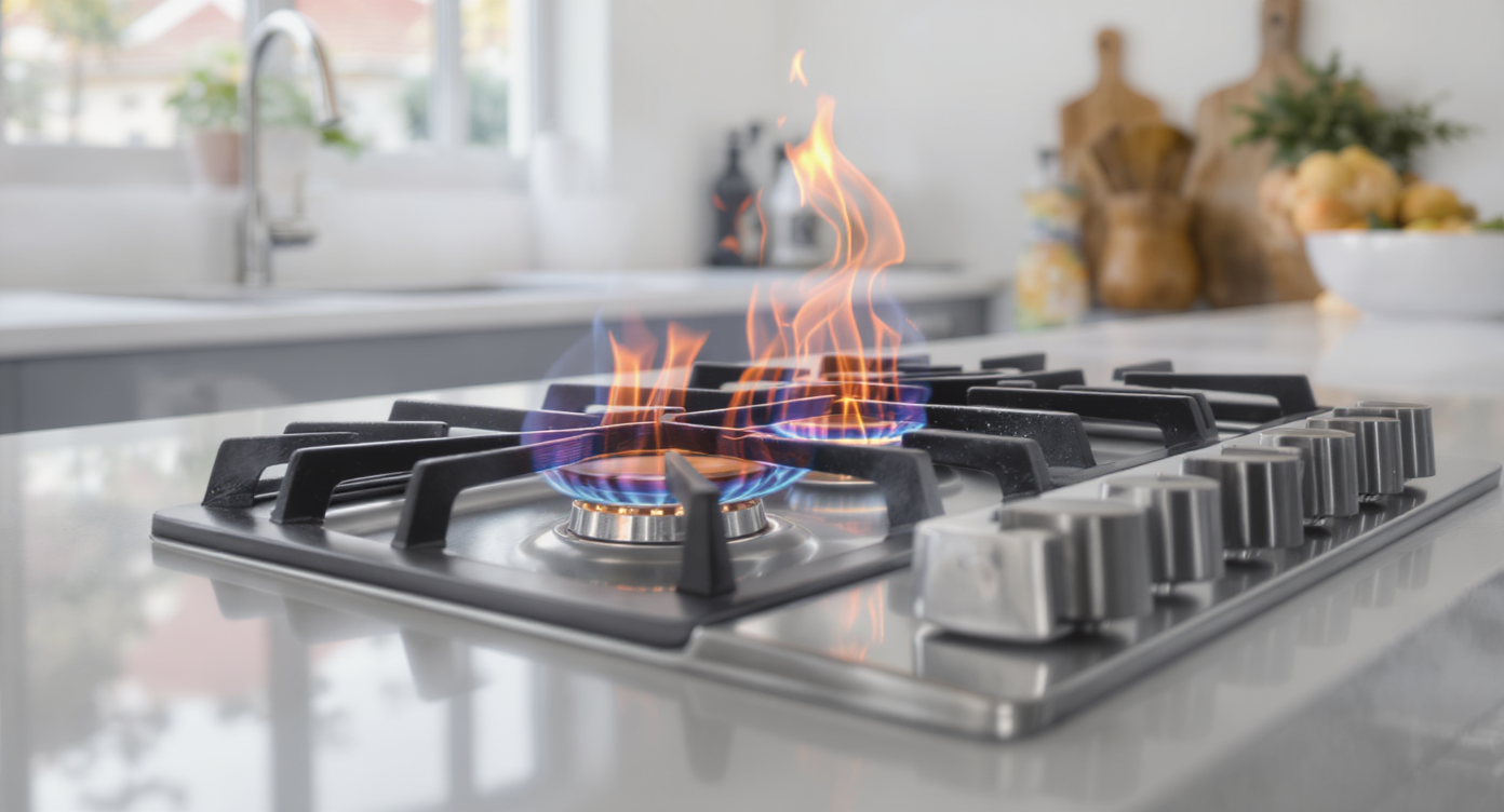 Modern kitchen gas stove with one burner showing a vivid orange flame beside a blue flame burner, emphasizing the color change situation.