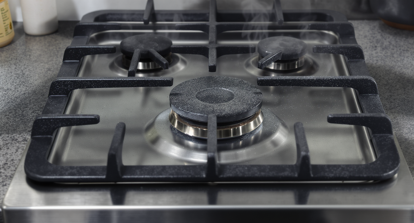Close-up of a gas stove burner with residue and water spots, showing orange flames due to lingering cleaning products or food spills.