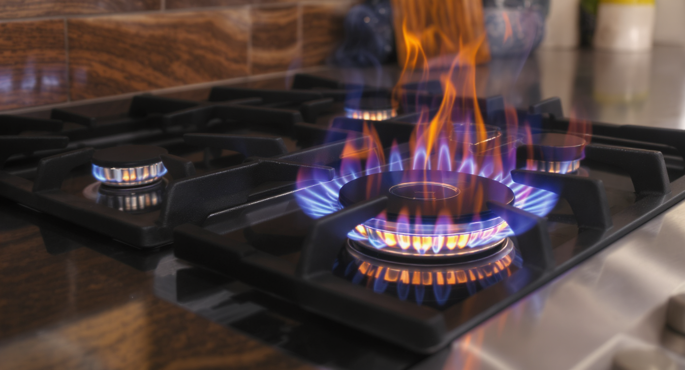 A modern kitchen shows a gas range with one burner emitting an orange flame, a humidifier and humidity monitor nearby, and raindrops on the window.