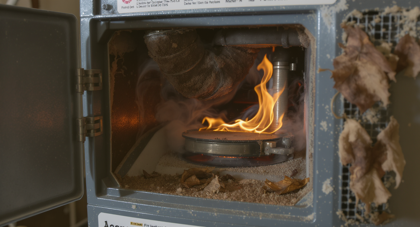 Open gas furnace exposing orange-tipped flames and a partially blocked flue pipe with lint and dust buildup, near a leaf-covered exterior vent.