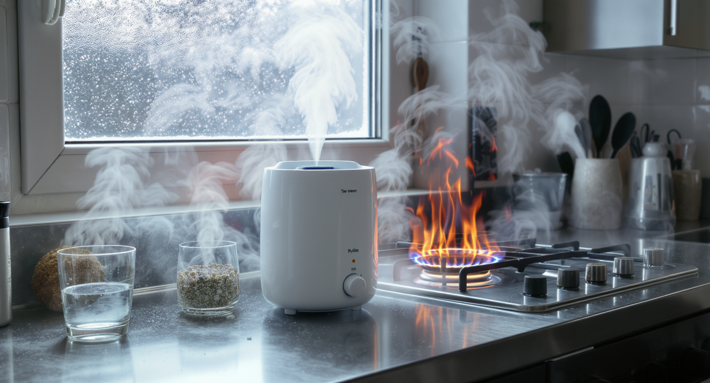 Ultrasonic humidifier using tap water emits mist in a kitchen; nearby gas stove shows orange-tinted flame, mineral particles visible in air.