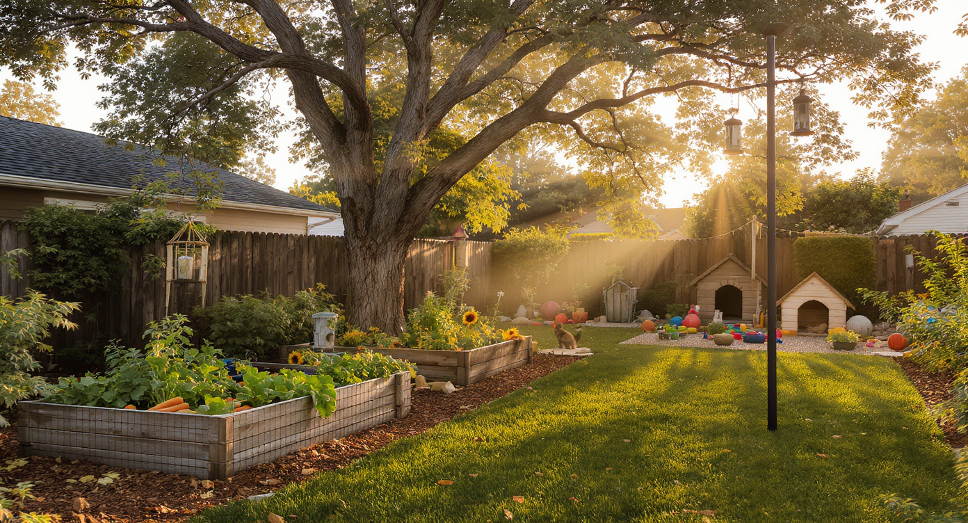 A peaceful, modern backyard features a fenced vegetable garden, bird and squirrel feeders, pet play area, and lush plantings, all critter-friendly.