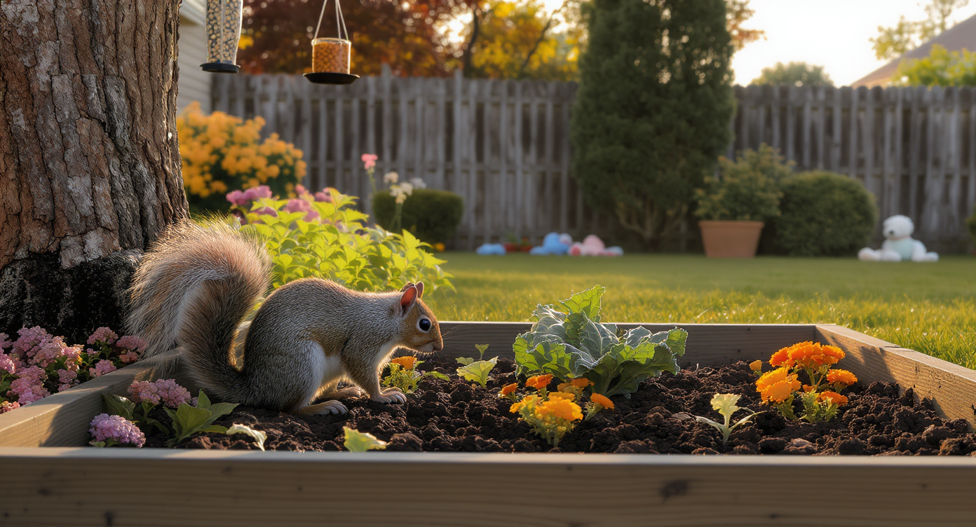 A lifelike garden scene at dawn with a raised bed, young vegetables, and a curious squirrel exploring the soil, pet toys nearby, no humans.