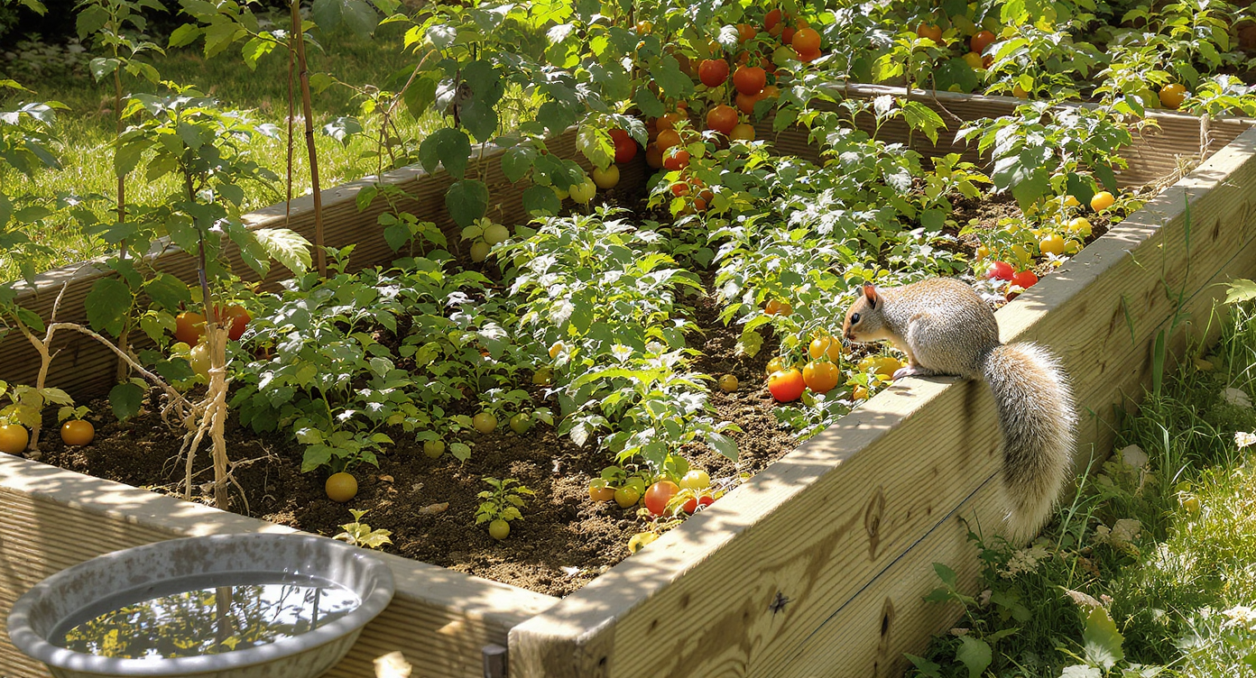 A squirrel explores a raised garden bed with young plants and tomatoes, beside a shallow bird bath and water dish under filtered sunlight.