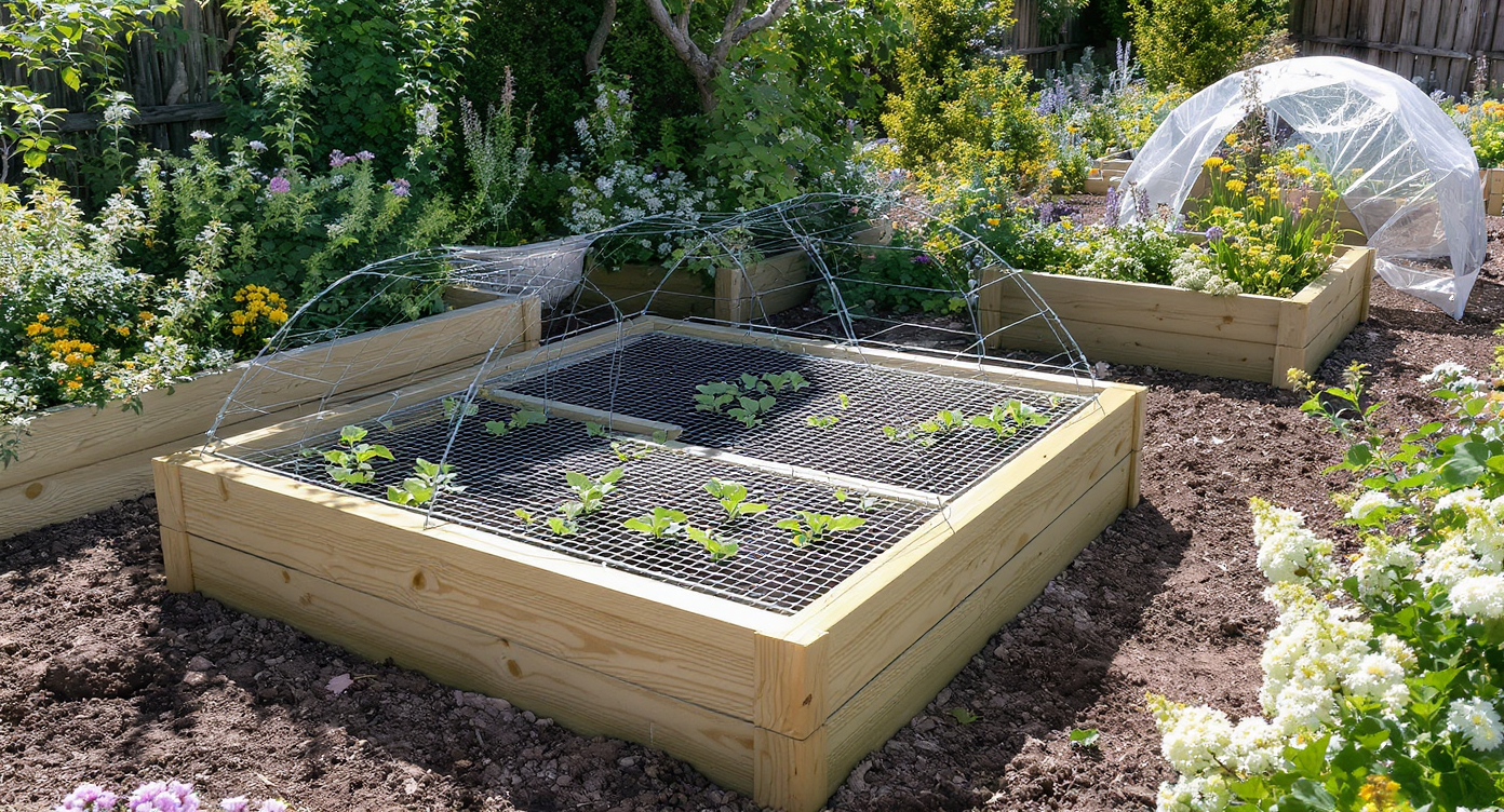 Raised garden beds with wire mesh lids, hoop tunnels with bird netting, and layered native plants in a photorealistic backyard garden scene.