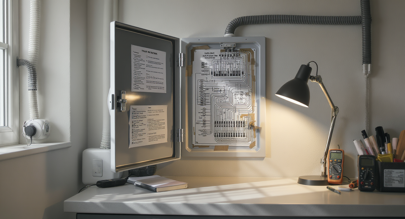 Open electrical panel with a taped circuit diagram inside the door, a lamp plugged in nearby, and mapping tools on a counter in a clean utility room.
