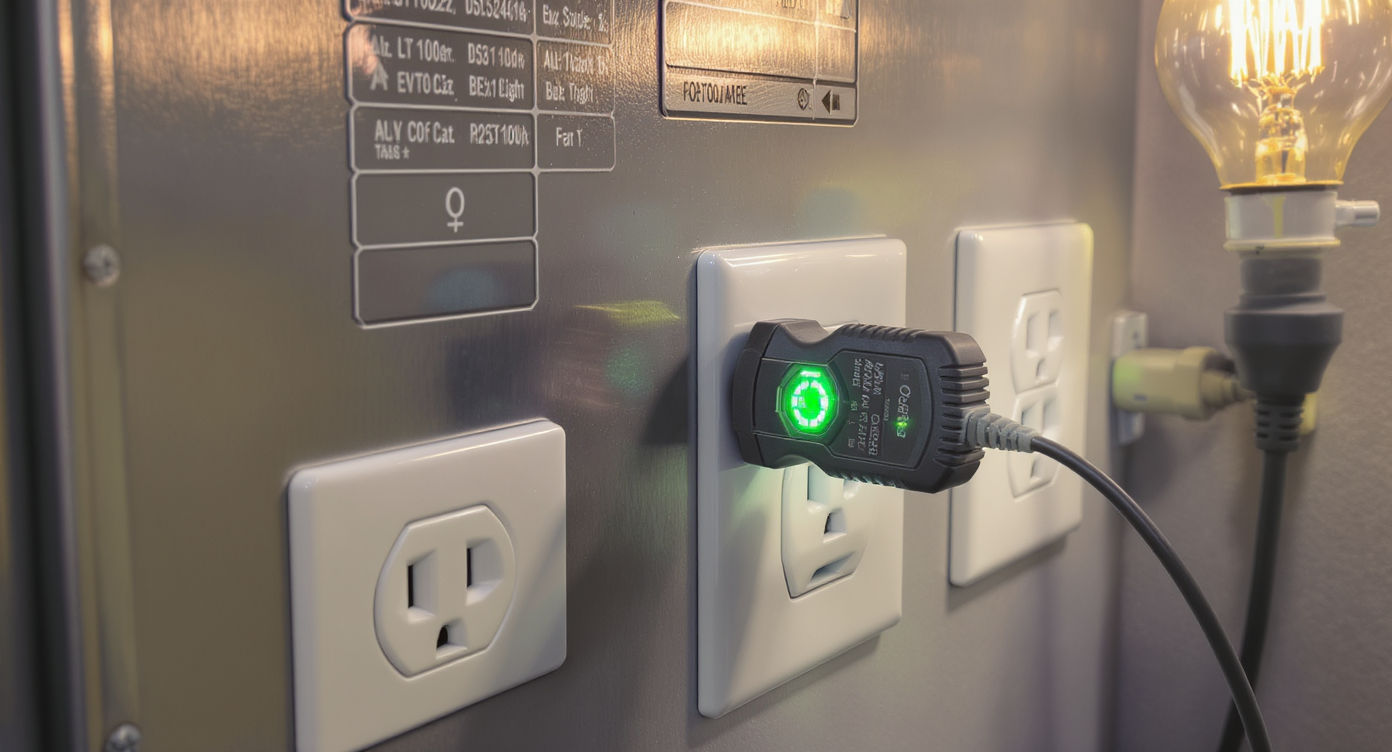 A plug-in circuit tracer in use at a home outlet, with its corresponding receiver resting on a labeled electrical panel nearby and a lit lamp for reference.
