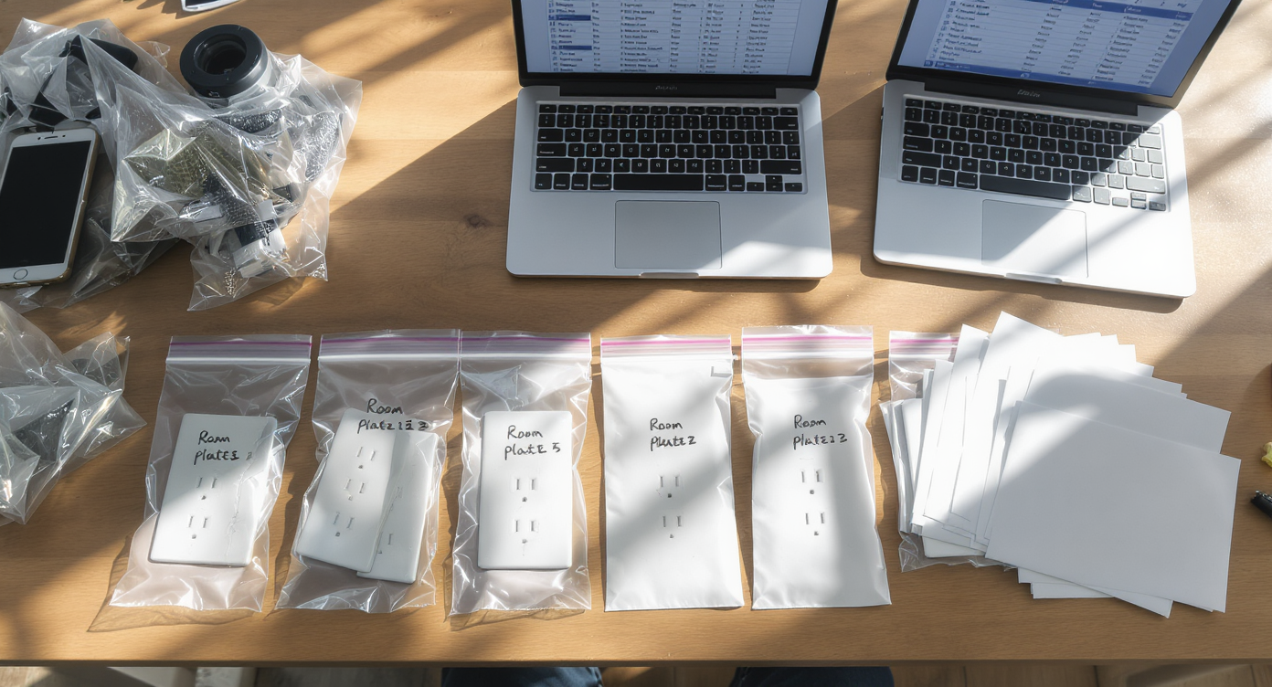 Organized switch and outlet plates in labeled bags and envelopes on a table beside a laptop tracking their locations, no people visible.