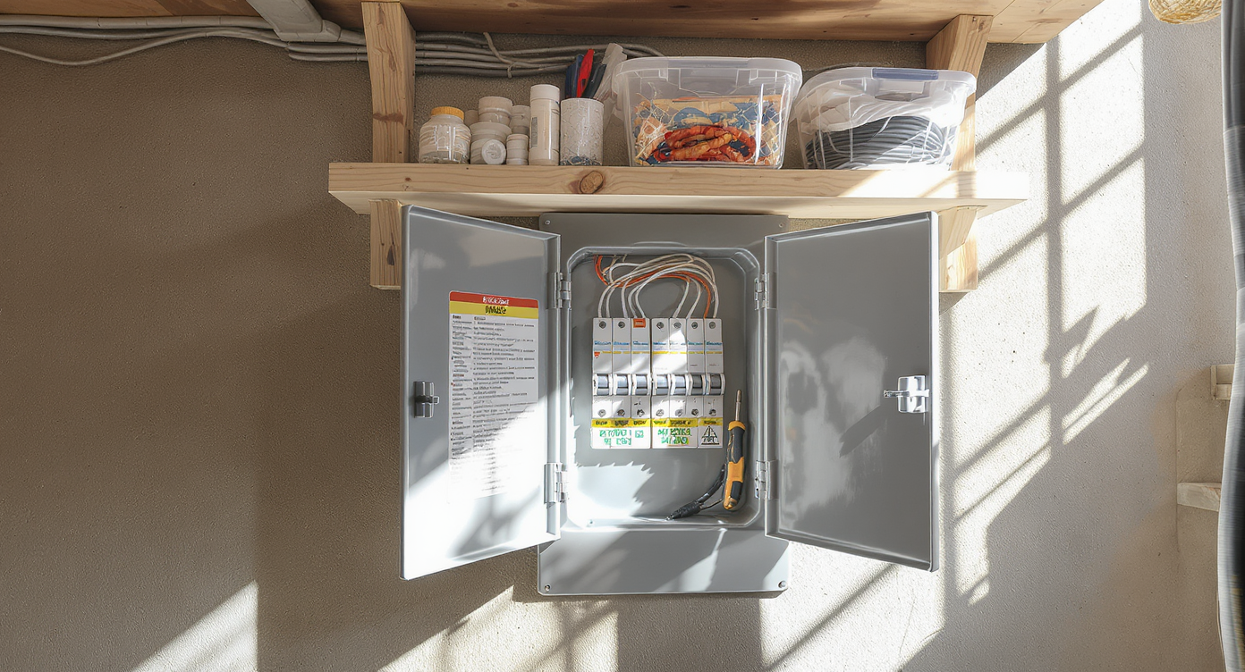 Open, clearly labeled home electrical panel in a bright basement with organized tools and storage nearby, showing clear circuit organization.
