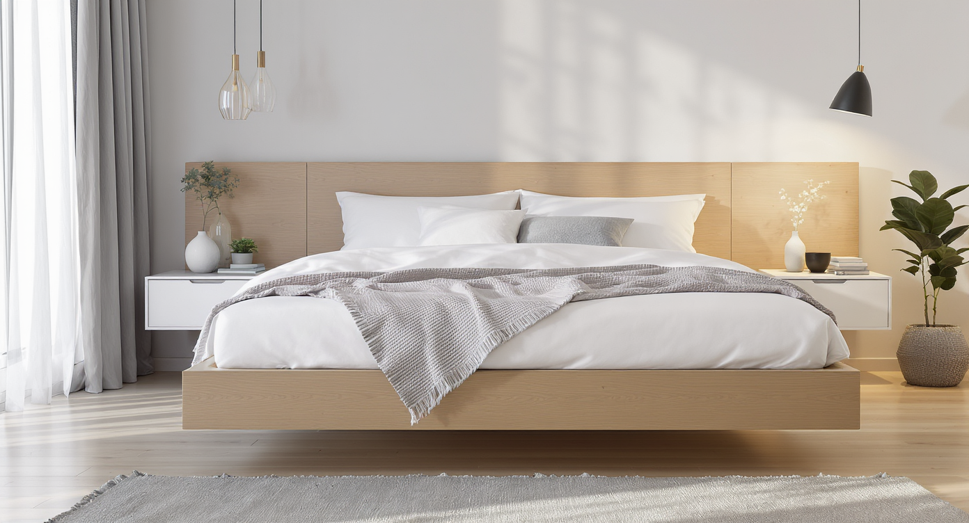 A realistic minimal modern bedroom with a low bed, white linens, floating nightstands, natural light, and calming décor.