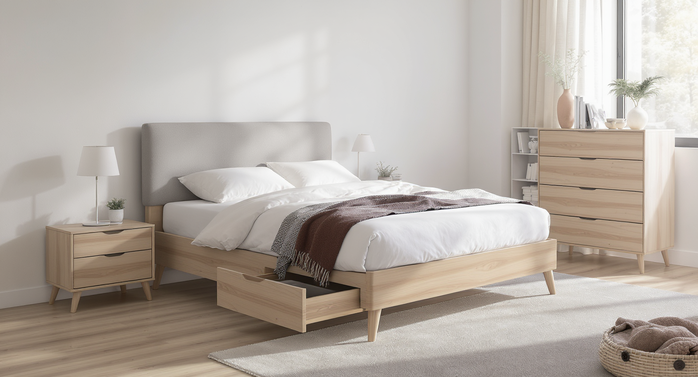 Modern minimalist bedroom with a bed featuring integrated headboard, built-in nightstands, concealed storage, and a modular dresser setup.