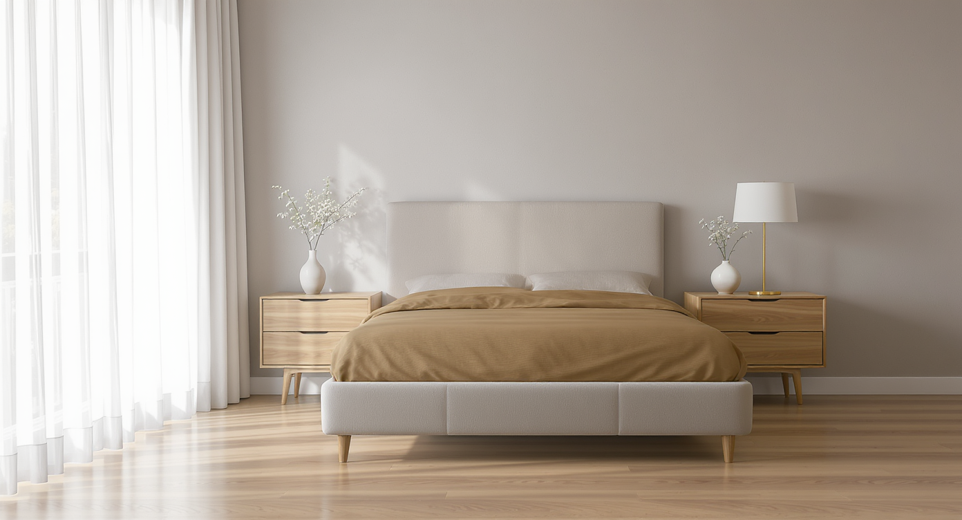 Minimalist bedroom with a neutral headboard, matching streamlined wooden dresser, and no clutter, showing thoughtful curation and simplicity.