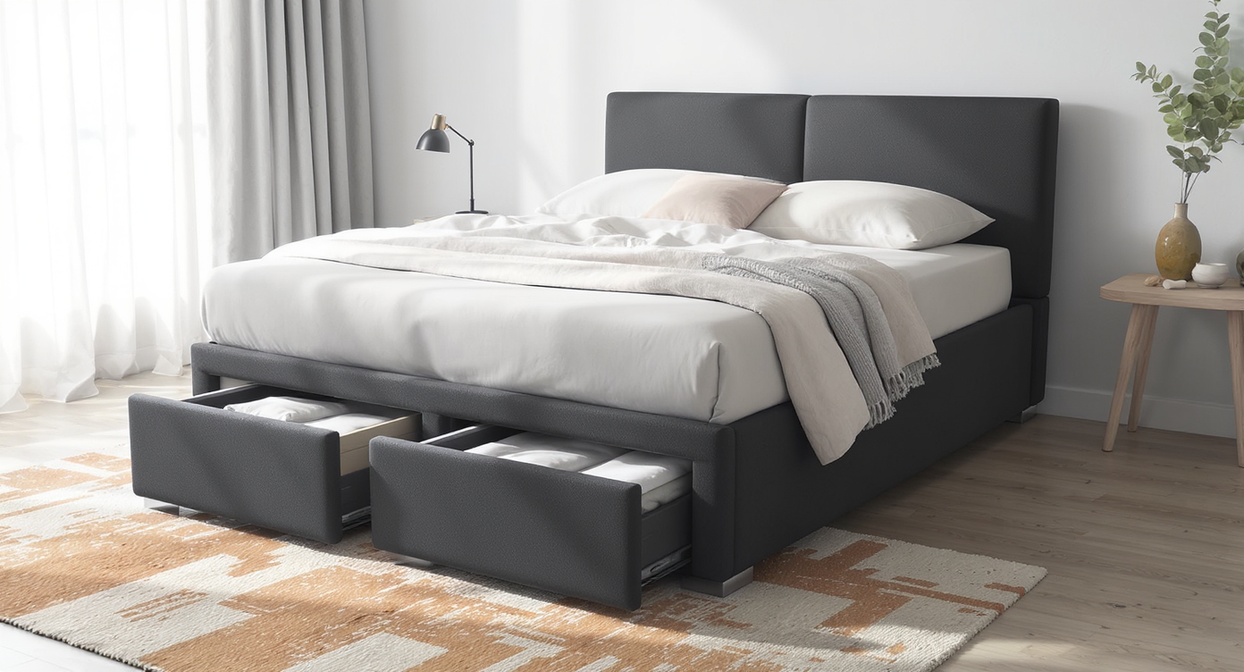 Minimalist compact bedroom with bed featuring underframe storage, wall-hung shelves as nightstands, and a fold-down desk by the window.