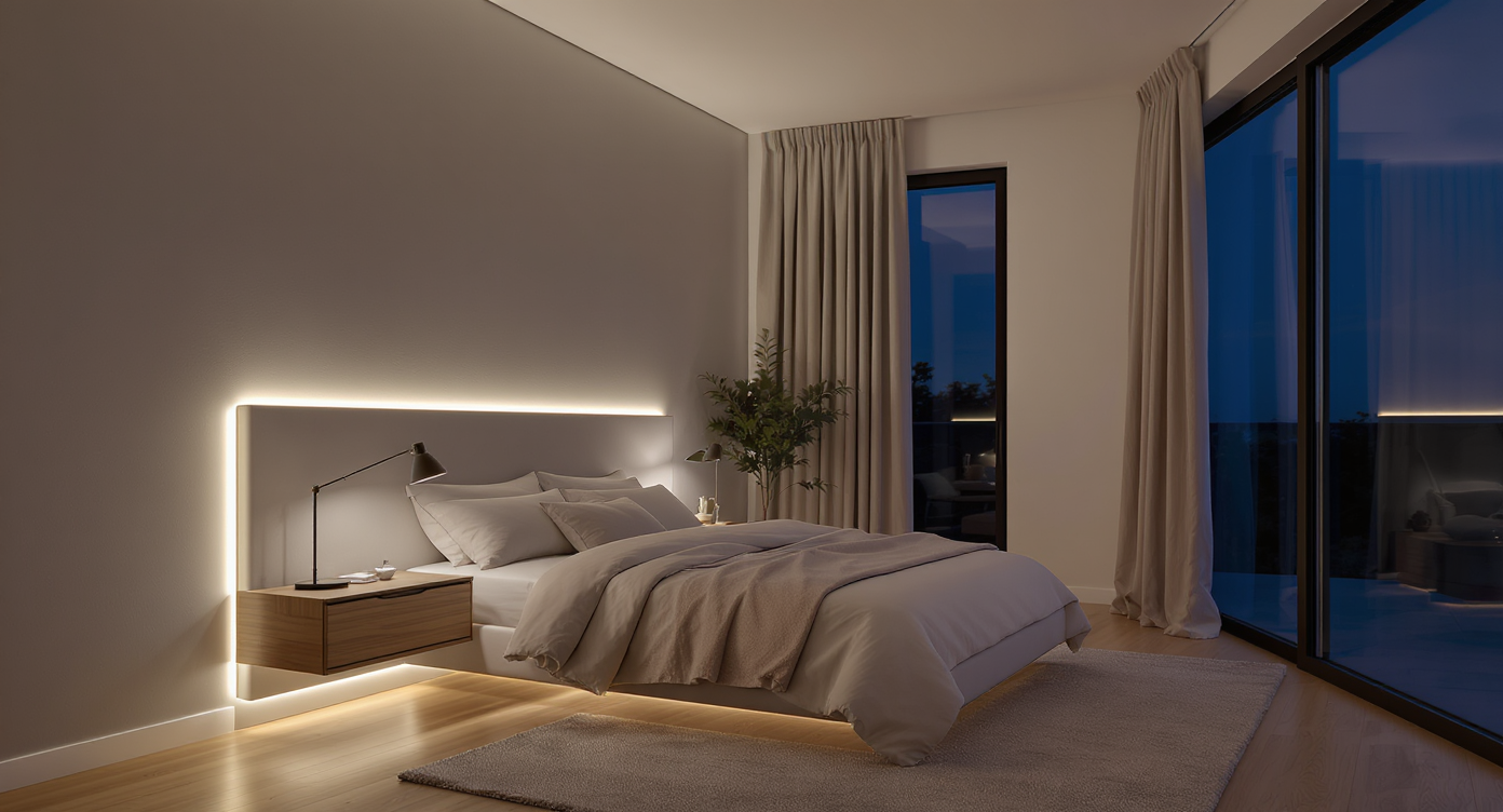 Minimal bedroom with ambient LED strips behind the headboard and under dresser, warm adjustable lighting, and modern wall lamps in a serene setting.