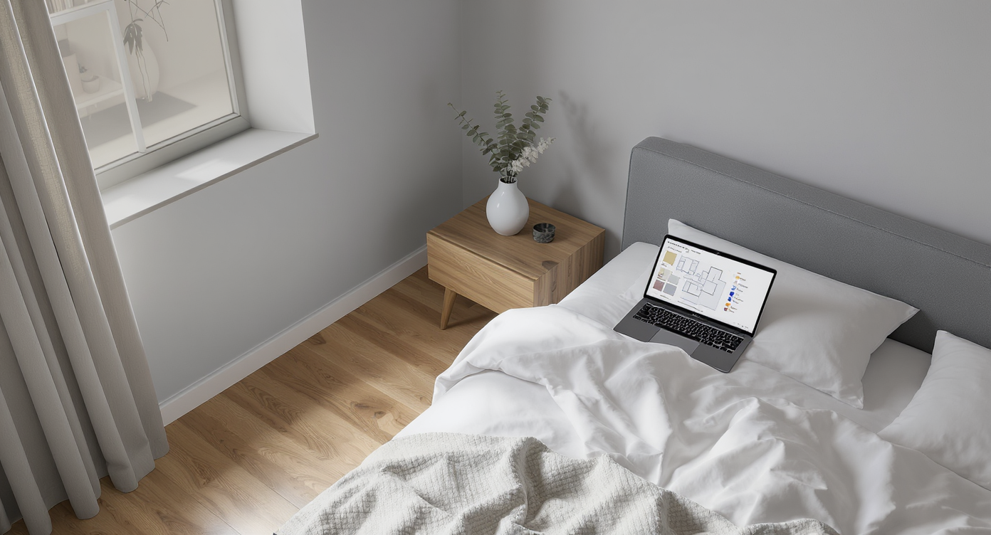 A minimal modern bedroom with a laptop on the bed displaying a digital room-planning tool showing alternate layouts and paint colors.