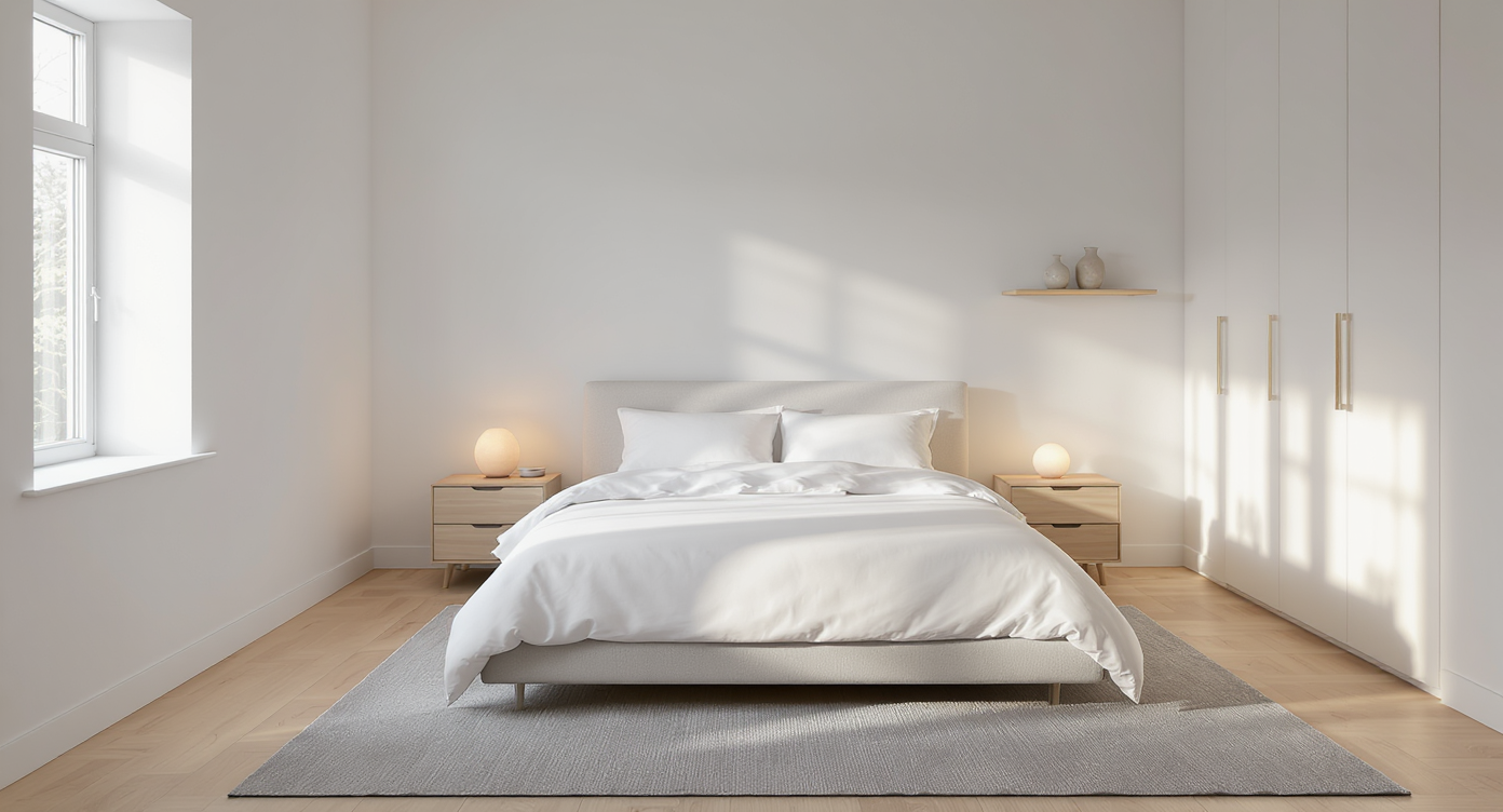 A modern minimalist bedroom bathed in soft daylight, showing a low bed, simple nightstand, warm lamp, and uncluttered serene decor.