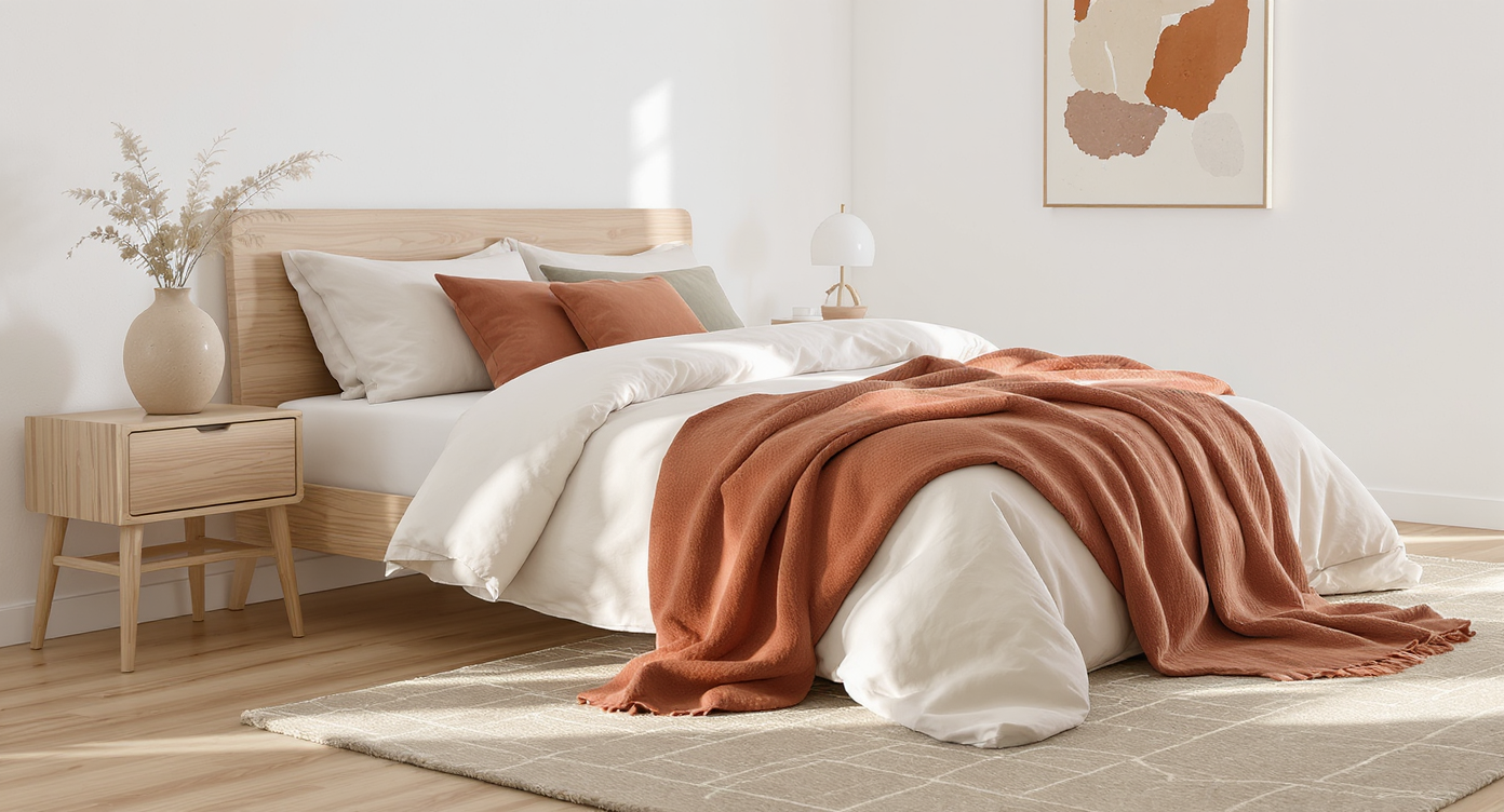 Minimal bedroom with linen bedding, rust and sage accents, wool throw, geometric rug, and natural wood, highlighting subtle texture and color.