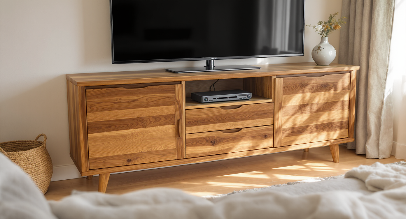 Photorealistic living room with a handcrafted oak TV cabinet, TV centered, sofa facing it, neat decor, and signs of gentle use.