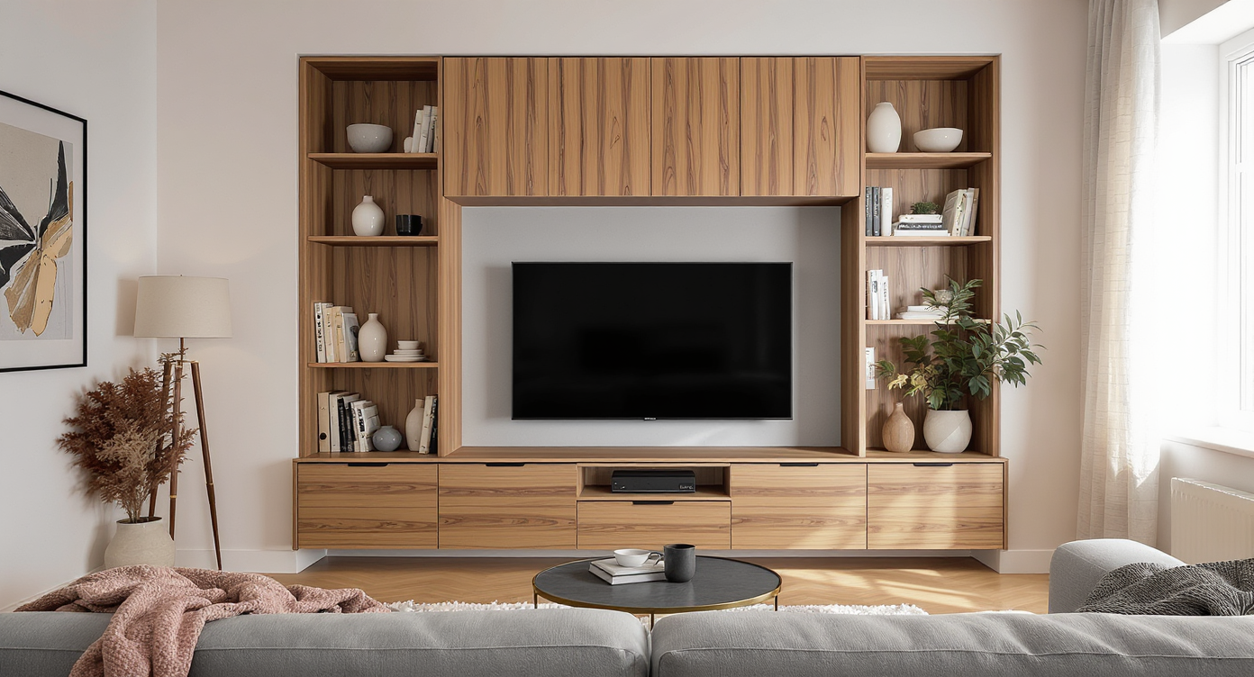 A modern small living room featuring a custom-built wood TV cabinet with handcrafted details, built-in shelves, and personal decor in natural daylight.