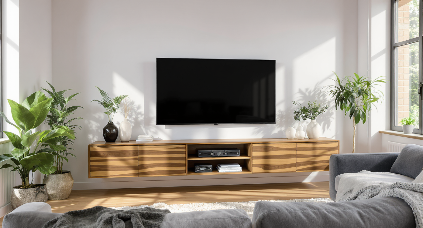 A small, sunlit apartment living room showcases a custom floating TV cabinet placed parallel to a sofa, with grouped plants, sound equipment, and layered wood tones.