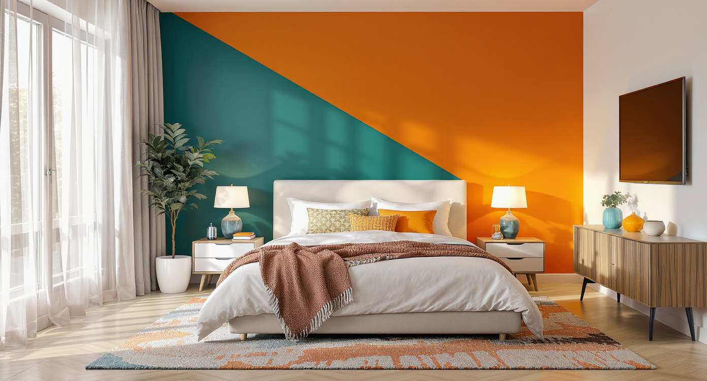 Photorealistic bedroom with teal and orange accent wall, patterned bedding, bedside lamps, leafy plant, console table, and patterned rug.