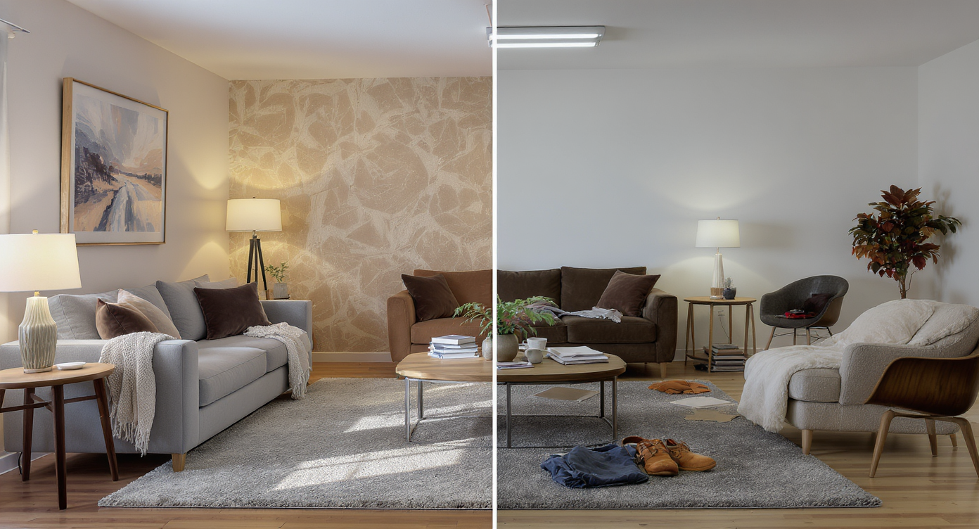 Split-view living room: one side perfectly layered with art, right-size rug, warm lighting; the other side unfinished, sparse, and poorly lit.