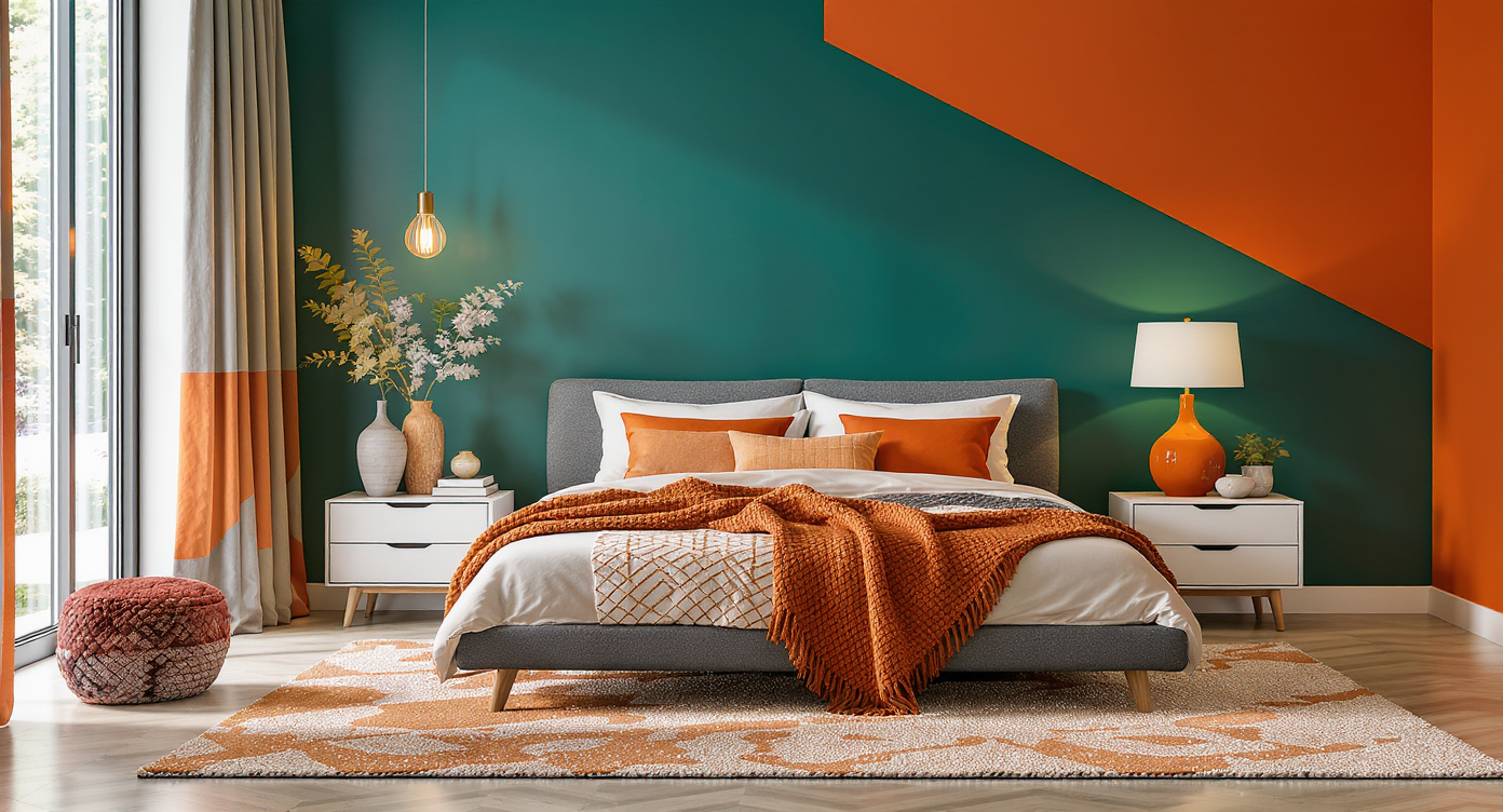 A modern bedroom with teal and orange color accents echoed across pillows, throws, curtains, and lighting, layered textures, and varied light sources.