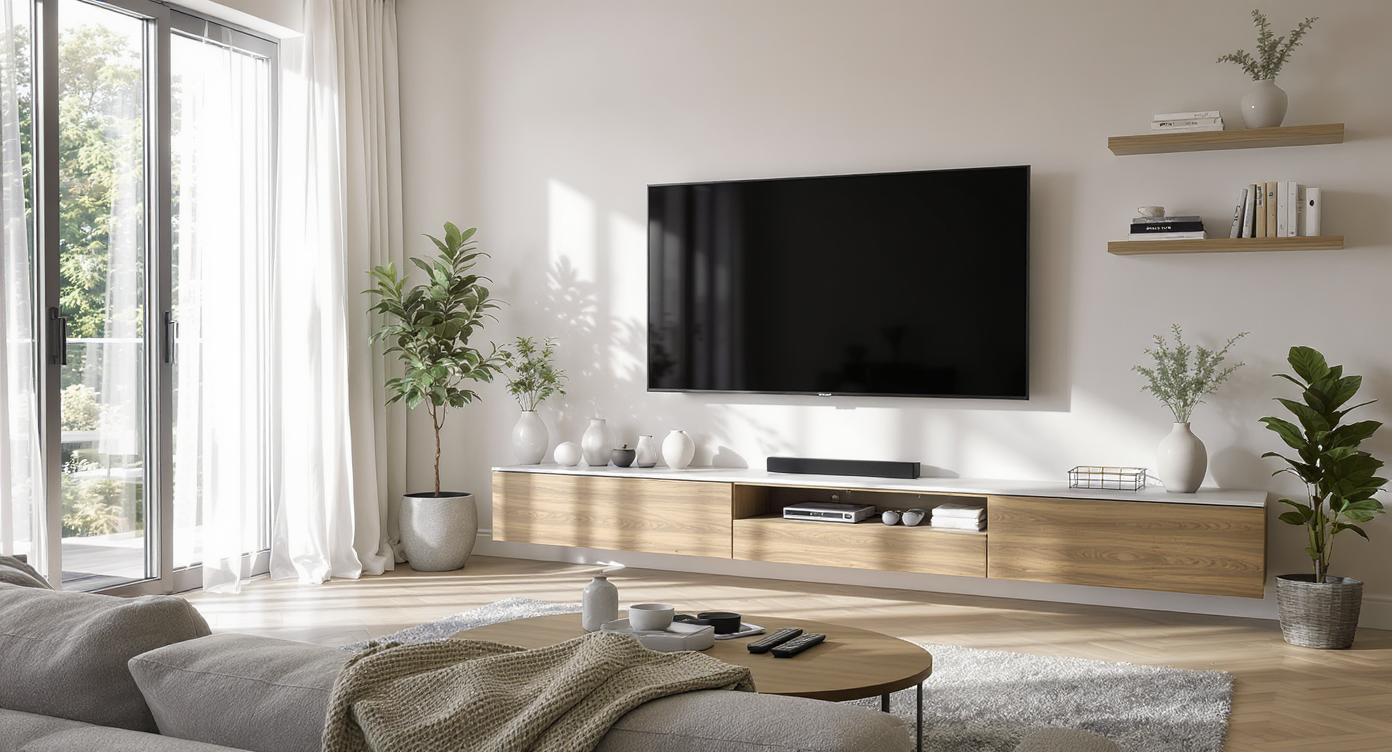 A realistic living room with integrated storage—console under TV, covered bench for pet gear, and minimal items on floating shelves and tables.
