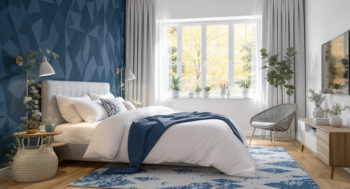 A realistic bedroom with a bold accent wall, crisp bed, trailing plant above, glowing floor lamp, patterned rug, and sleek storage console.