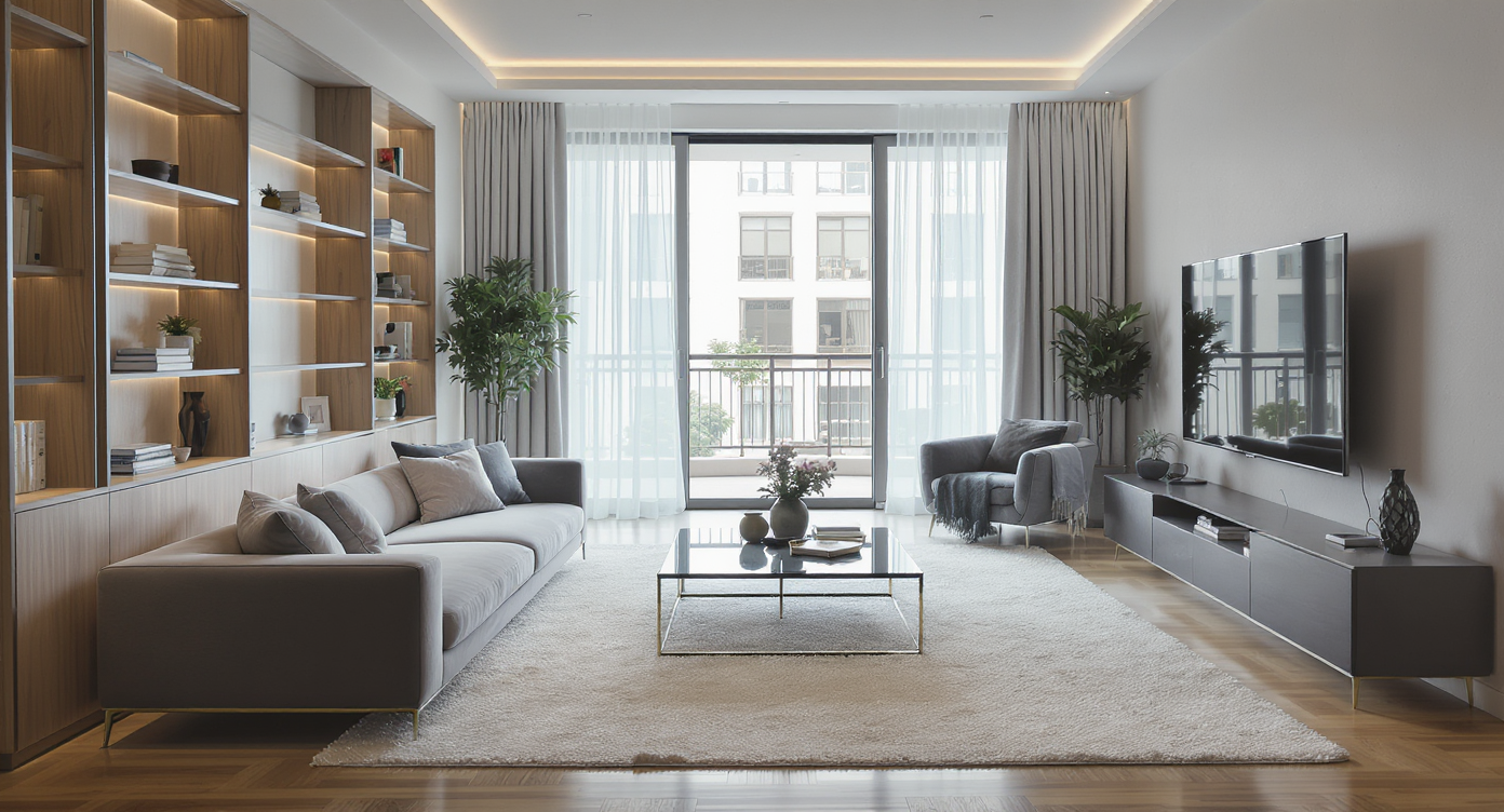 Impeccably decorated modern living room with subtle impracticalities: misplaced furniture, empty shelves, and awkward pathways, in natural light.