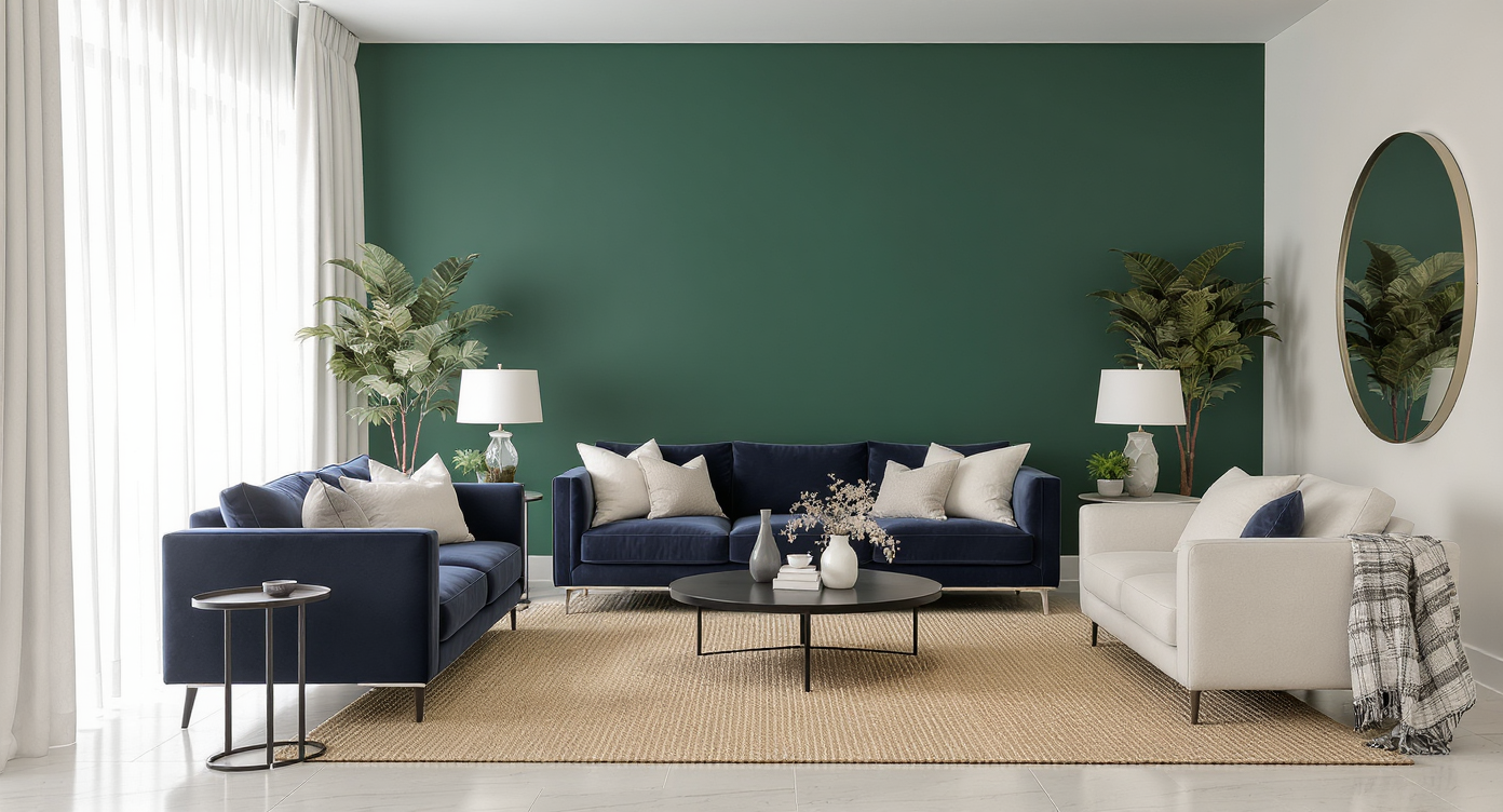 A balanced, photorealistic living room showing practical furniture flow, even visual weight, and seamless arrangement for real-world comfort.