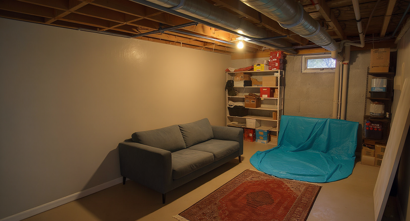 A partially renovated basement shows fresh paint and flexible furniture in a cozy finished zone, while another area still has bare flooring and visible updates pending.