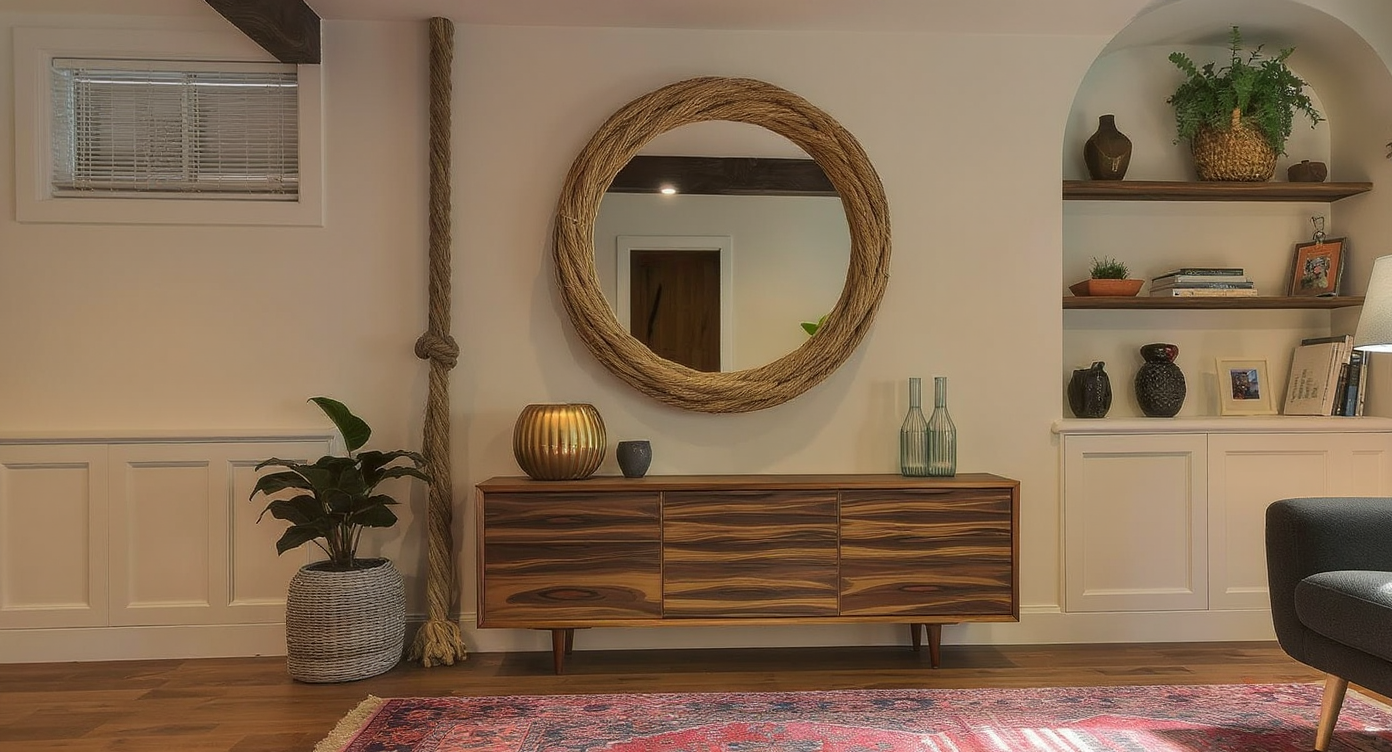 A photorealistic basement room with a mirror concealing a nook, a whimsical rope on the wall, and playful personal decor elements.